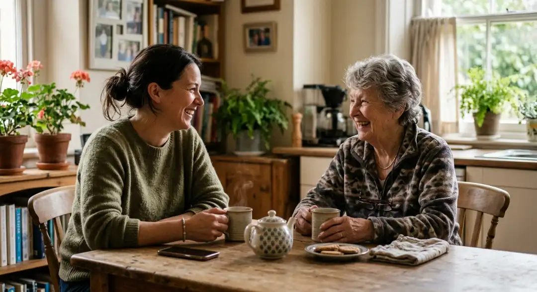 Adult daughter and aging mother laughing over tea, illustrating what is the 40-70 rule for aging parents