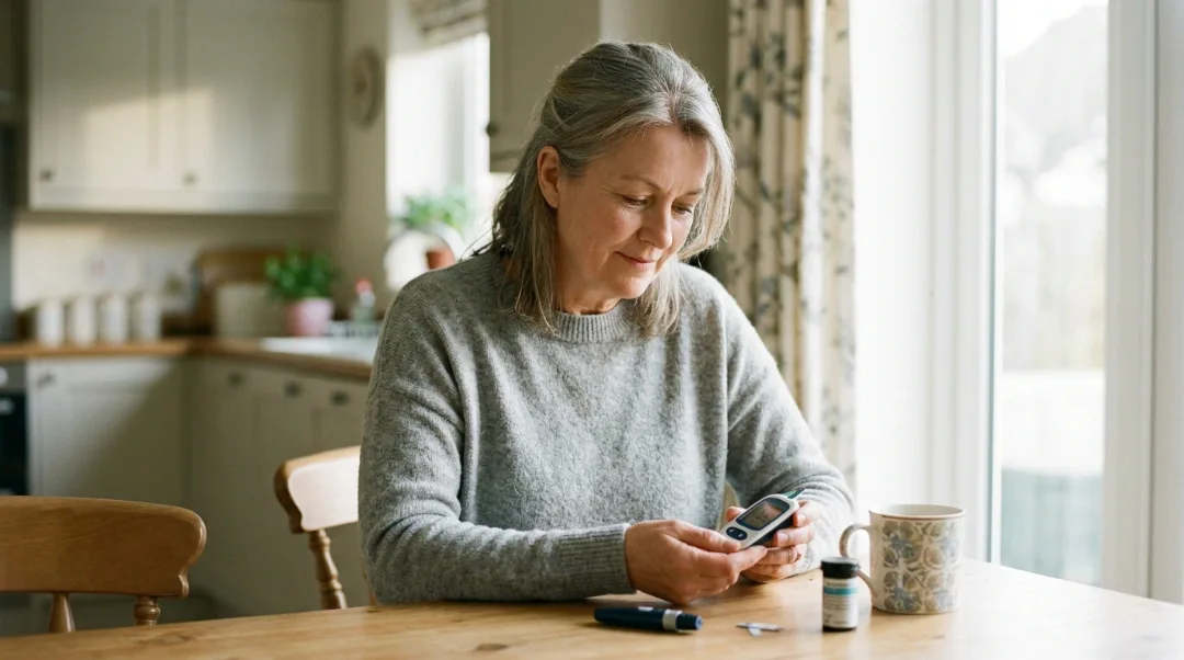 What is the best time to check blood sugar shown as a woman testing her fasting blood glucose with a meter in the morning