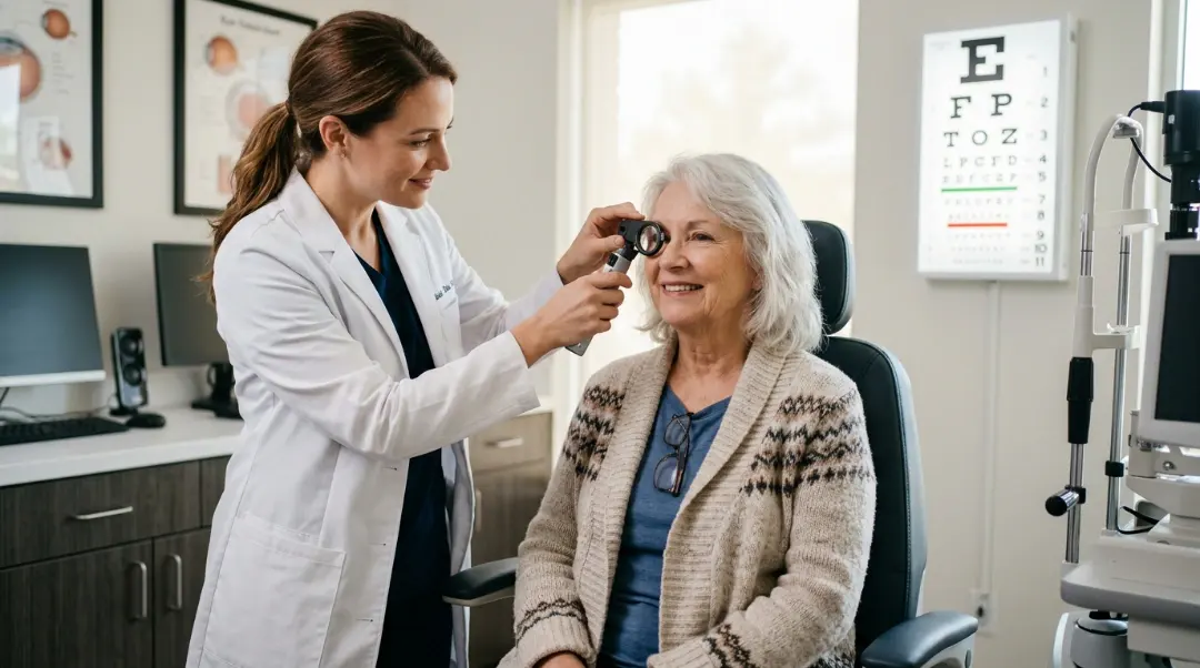 Senior woman getting an eye exam from her doctor, illustrating does Medicare cover eye care for seniors during a routine vision and glaucoma screening