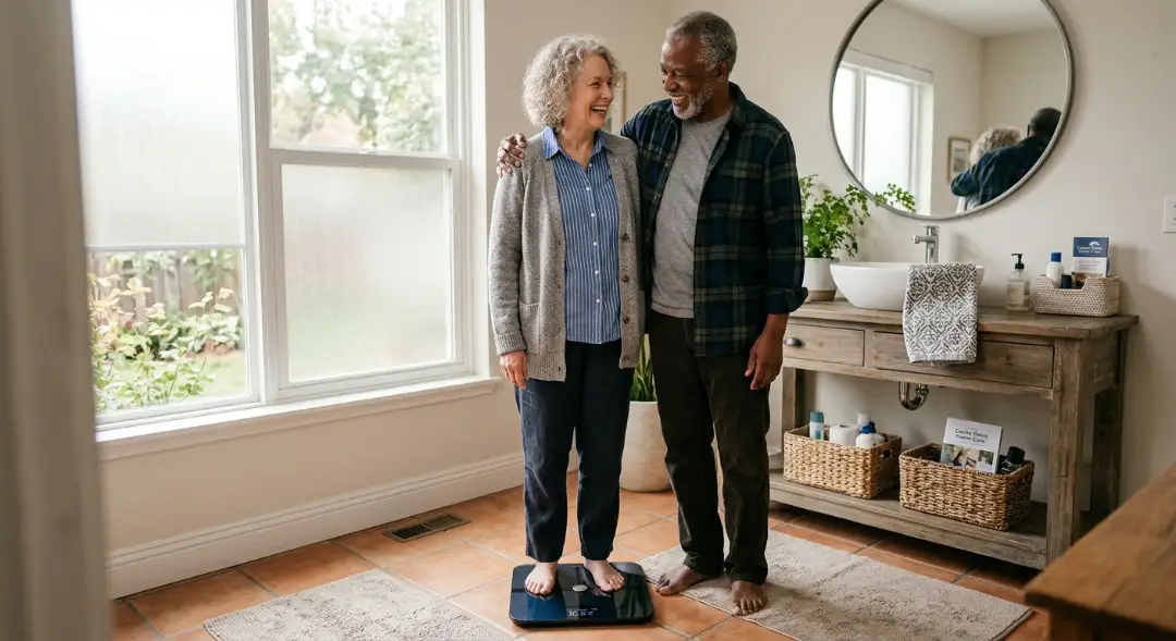 How do you determine body fat for senior couple standing together on a smart bathroom scale at home