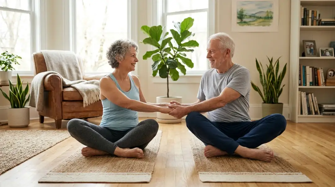 Senior couple holding hands while sitting cross-legged on yoga mats, showing how does yoga imrpove body seniors through gentle seated stretches and balance work