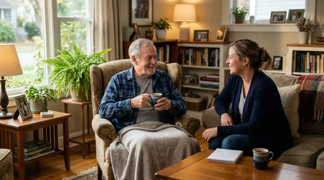 How heart disease affect a seniors daily life: senior man resting with a blanket while chatting with his caregiver at home
