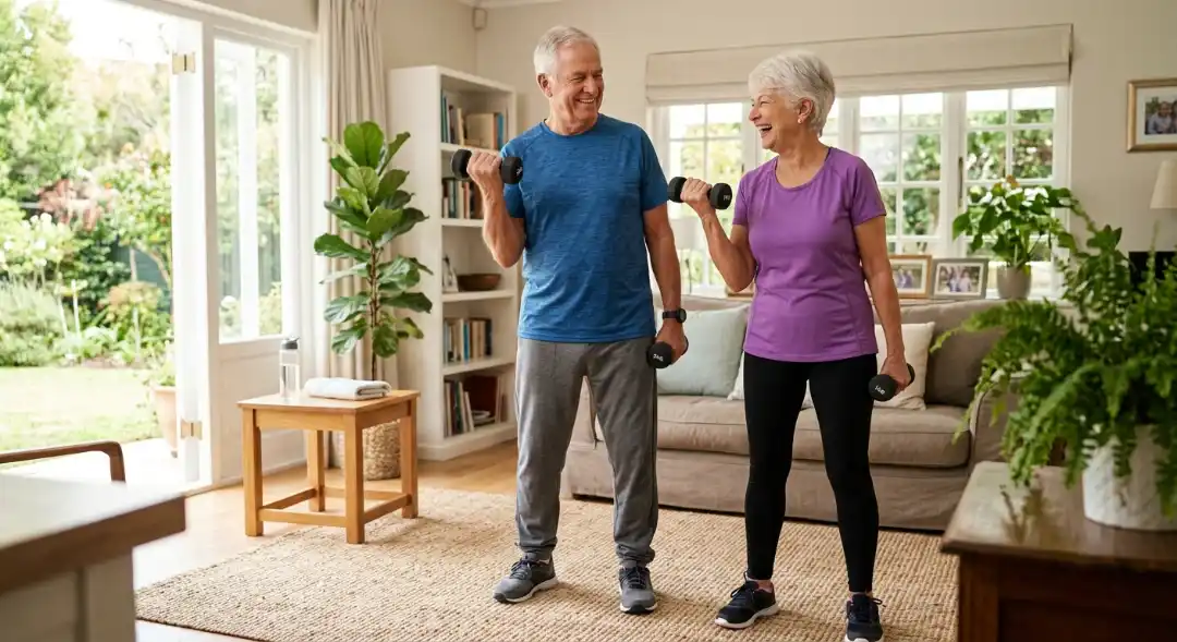 Senior man and woman learning how to build upper body strength for seniors with dumbbell bicep curls at home