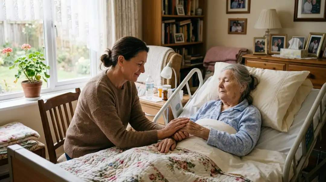 How to care for bedridden elderly at home: daughter holding her bedridden mother's hand beside a hospital bed