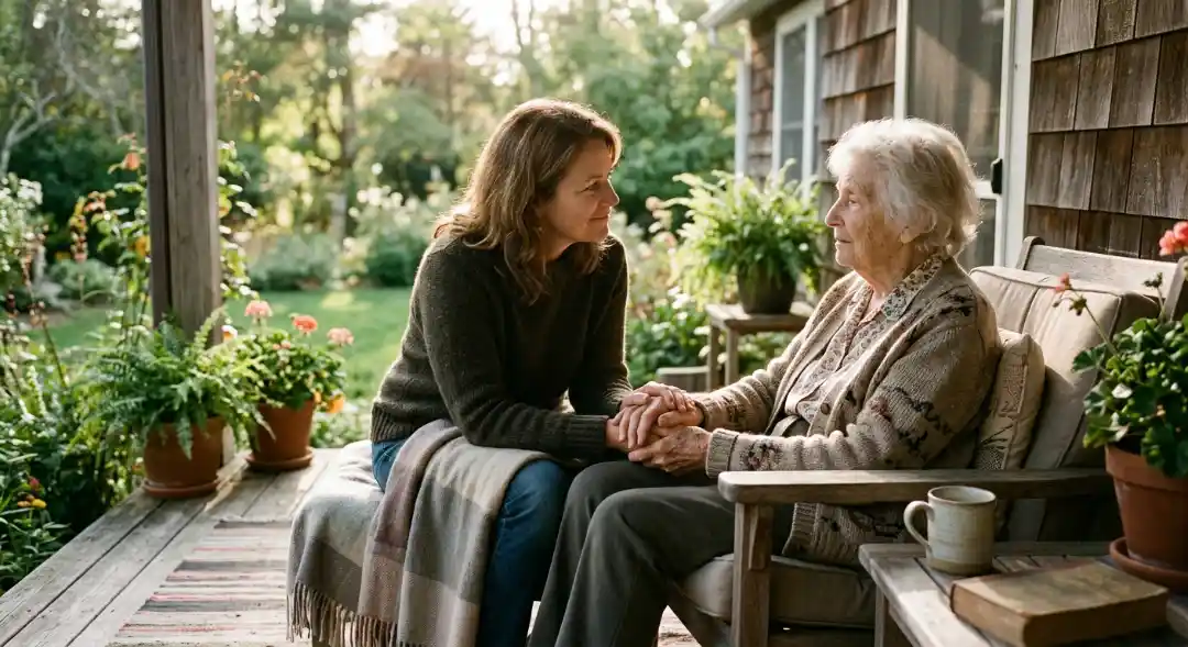 Daughter comforting elderly mother on porch, showing how to help a senior with depression through caring conversation