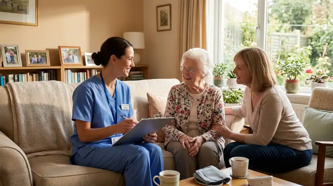 How to prepare for a home health visit: nurse reviewing the care plan with a senior patient and her daughter at home