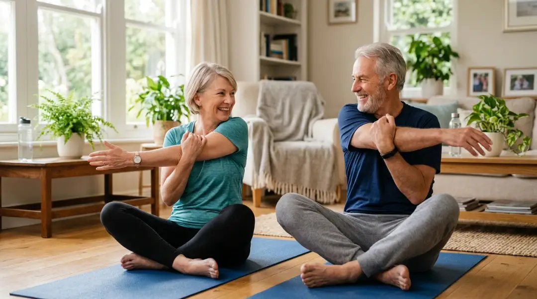 Senior man and woman doing what are the best exercises for seniors, a seated stretching routine on yoga mats at home