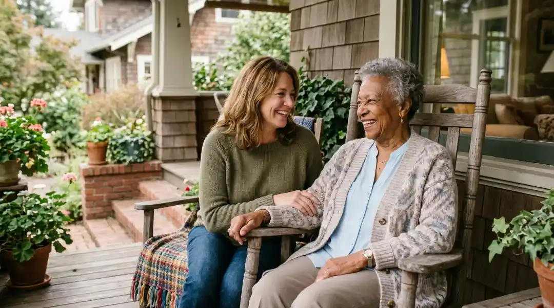 Adult daughter and elderly mother laughing together on porch, discussing what are the different levels of senior care