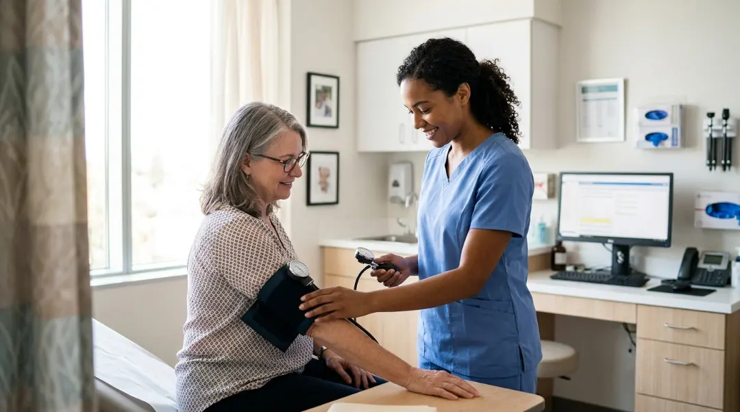 Medical assistant checking a patient's blood pressure to show what does a medical assistant do in a clinic exam room