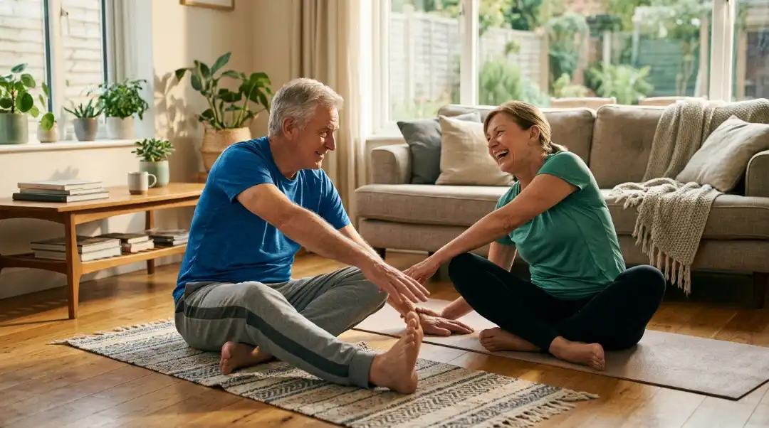 Senior couple stretching together on living room floor, practicing safe exercises for older adults while learning what exercises should seniors avoid for joint health