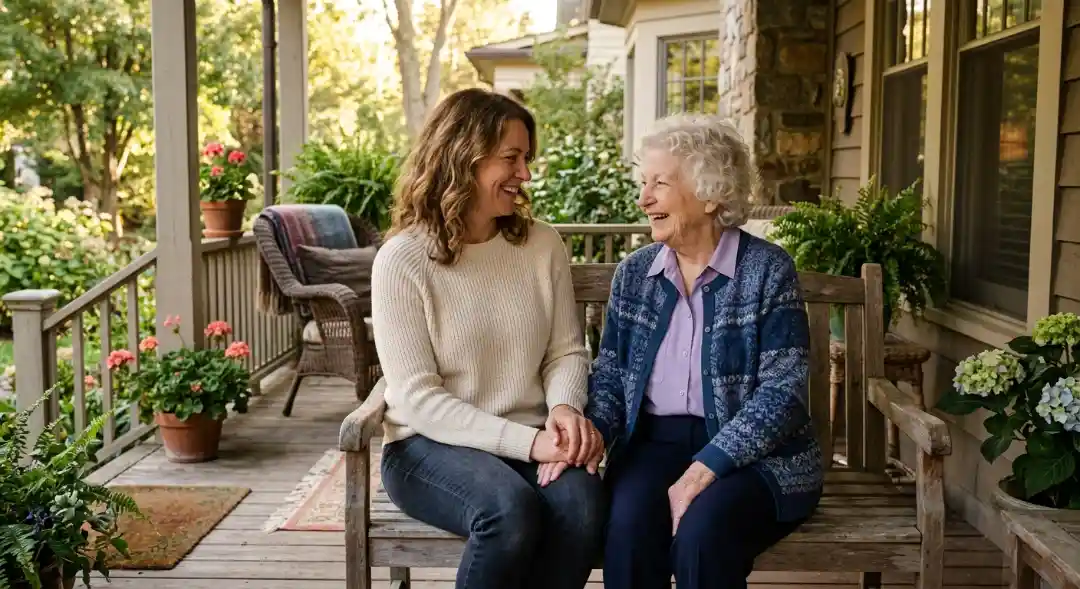 What is elder care? Adult daughter and elderly mother laughing together on a home porch during in-home elder care visit