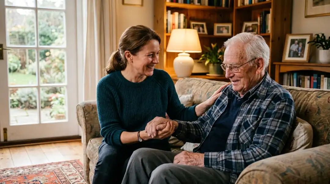What is the best way to care for the elderly? Daughter holding her father's hand, in-home caregiving at home.