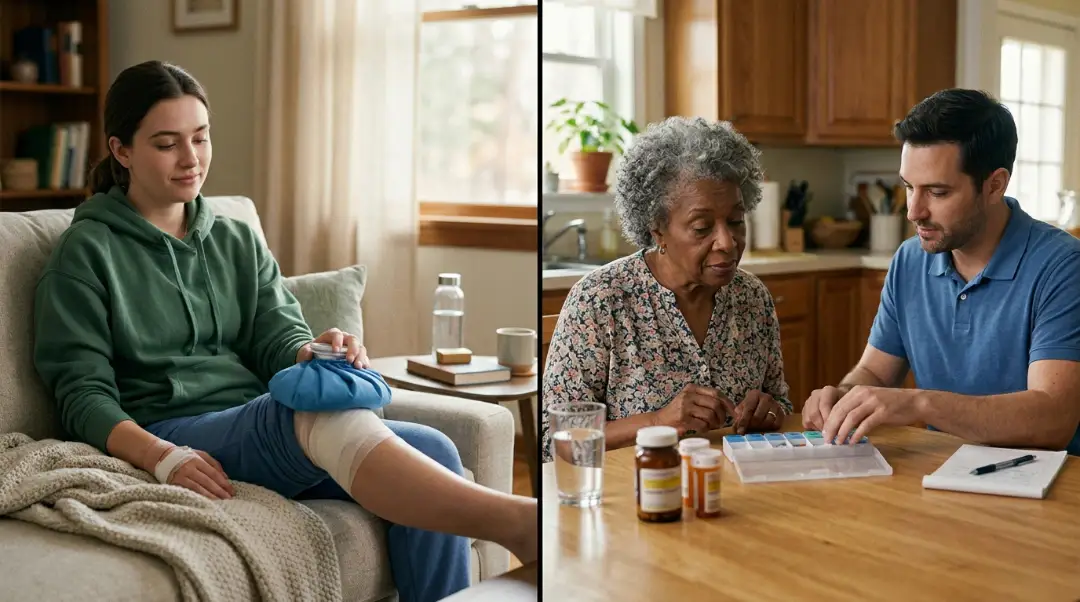 What is the difference between acute and chronic conditions — acute knee injury recovery with ice pack vs chronic illness medication management at home