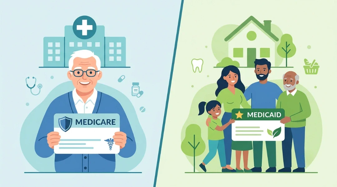 Flat vector illustration highlighting what is the difference between medicare and medicaid, showing a senior citizen with a Medicare card on the left and a low-income family with a Medicaid card on the right.