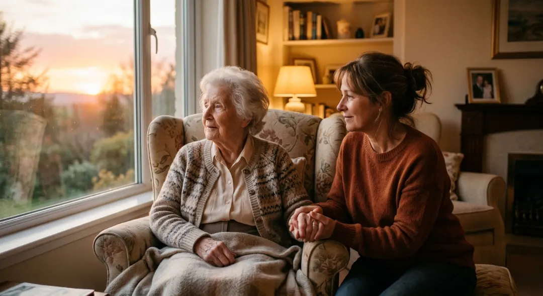 Elderly woman with dementia looking out at sunset while daughter comforts her, illustrating what stage of dementia is sundowning
