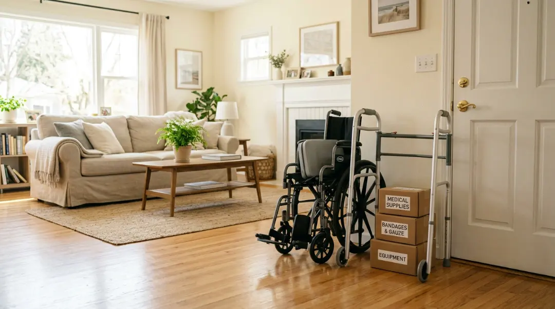 Wheelchair, walker, and labeled medical supply boxes ready for donation, showing where to donate medical equipment from home