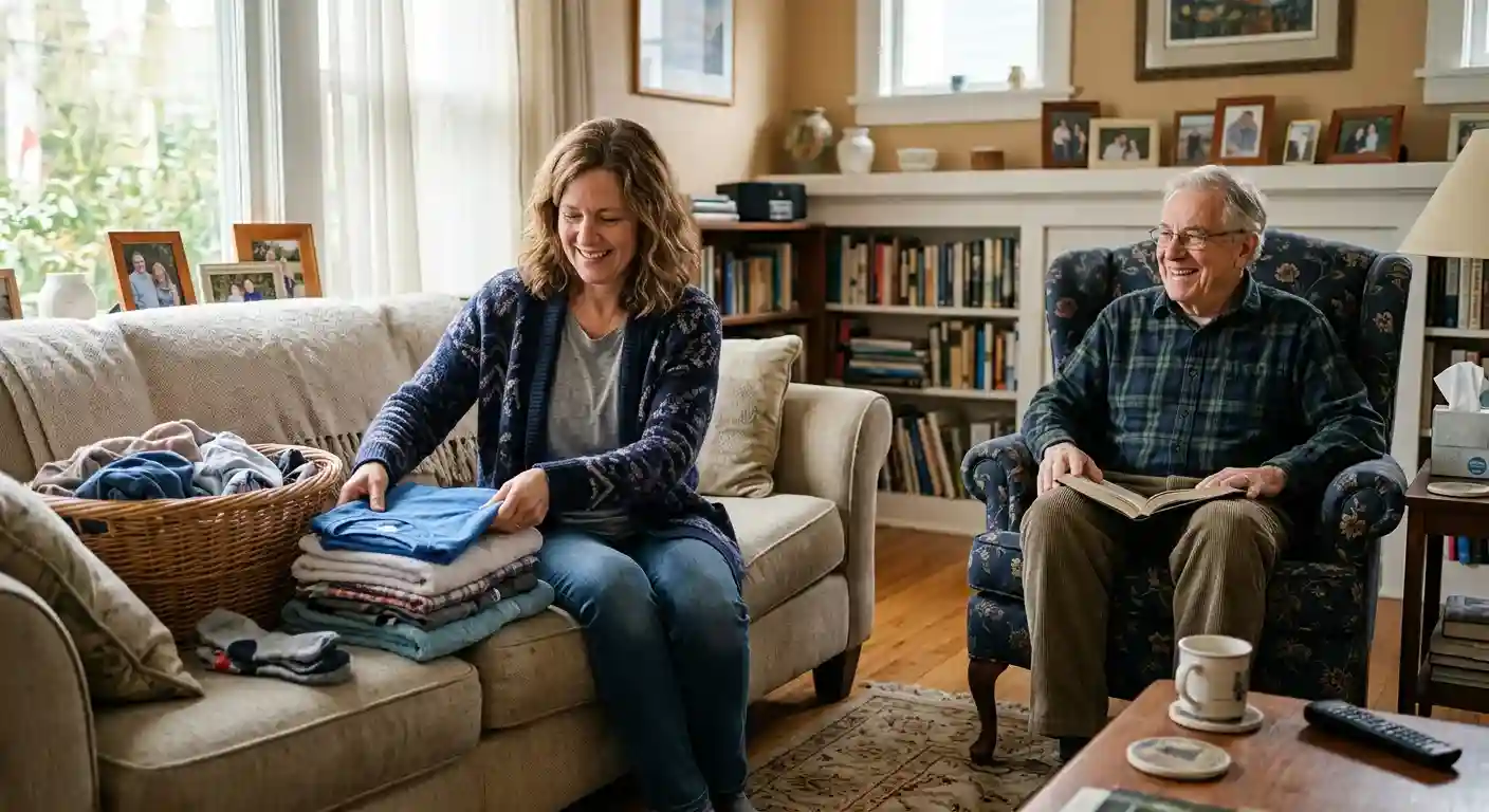 Are homemaker and housewife the same? Homemaker aide folding laundry while chatting with senior client in living room