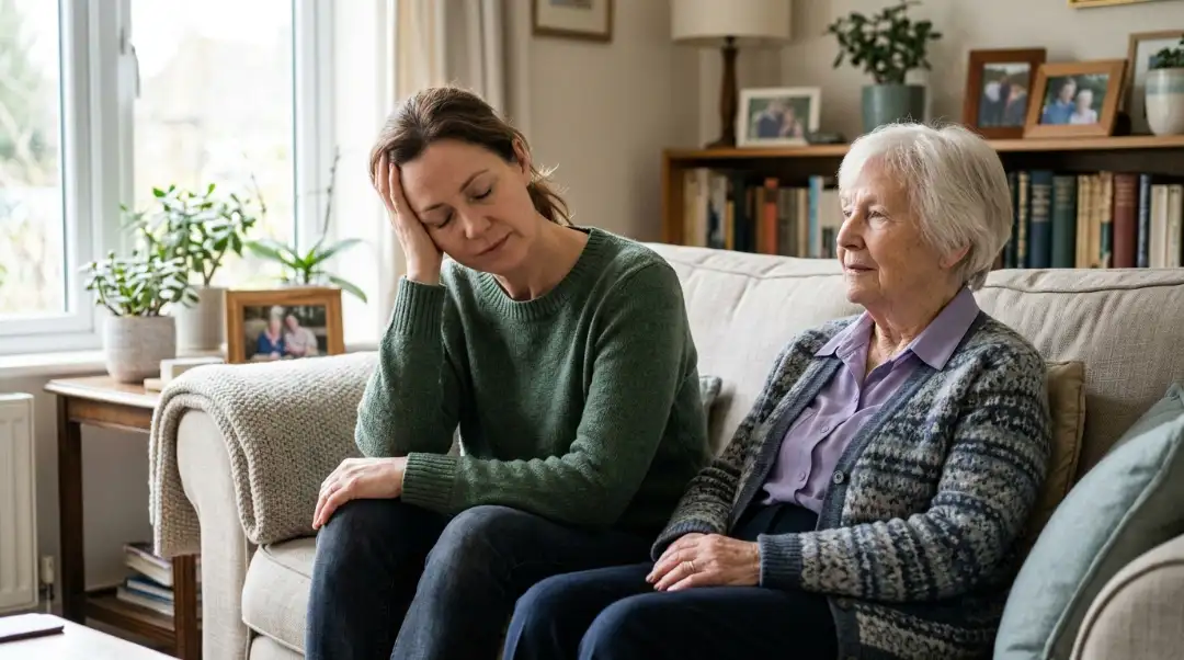 Exhausted family caregiver showing signs of caregiver burnout vs compassion fatigue while sitting beside her elderly mother at homeA tired family caregiver experiencing caregiver burnout vs compassion fatigue while spending time with her aging mother.