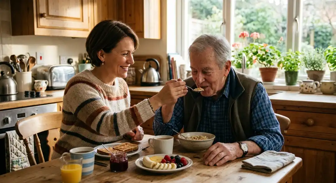How do you care for a geriatric patient? A daughter helps her elderly father eat breakfast at home, showing daily nutrition support in elderly patient care.