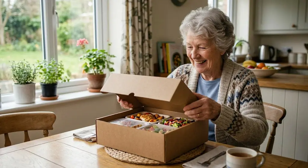 Smiling senior woman opening a fresh meal delivery services for seniors box at her kitchen table