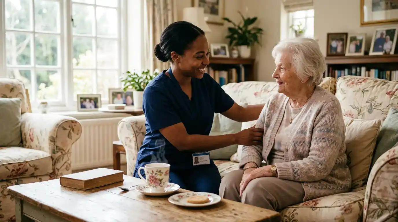 A professional home care aide supporting an elderly senior woman in a cozy living room, helping families understand what are you actually paying for your home care aide.