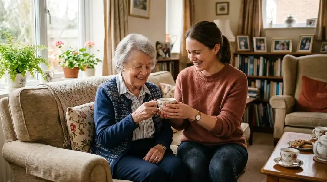 What is non-medical home care? A friendly caregiver shares tea and conversation with a smiling senior woman in her living room, an example of companion care and personal care services.