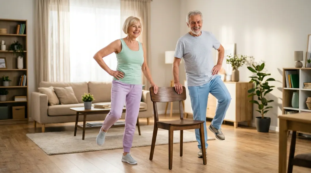 What is the best exercise routine for seniors — senior man and woman doing single-leg balance exercise with chair support in a home living room