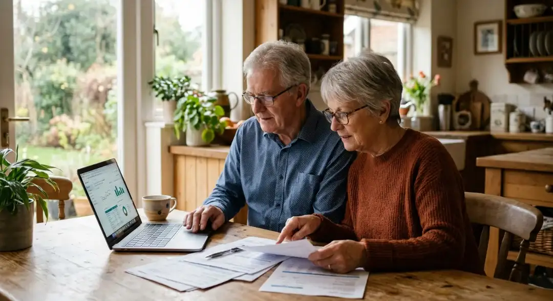Senior couple comparing Medicare paperwork and laptop charts to decide what is the best medical plan for seniors