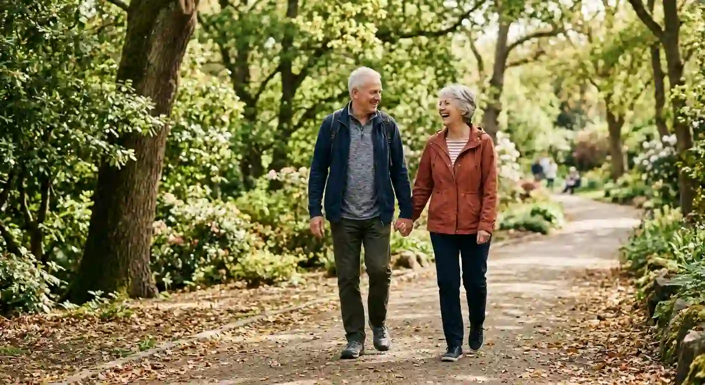 What should a 70 year old body look like when healthy and active, elderly couple walking together outdoors