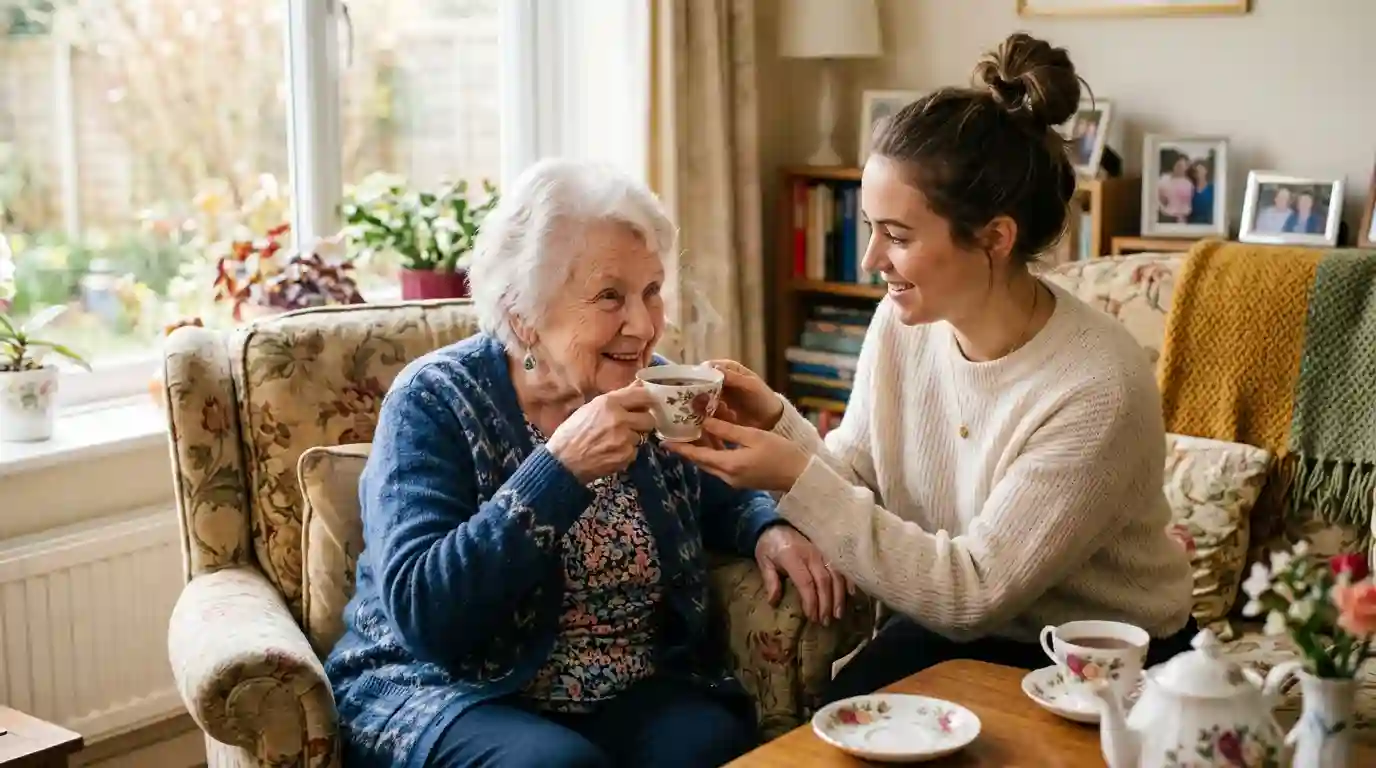 10 Everyday Tasks That Become Harder for Seniors Without Support: caregiver helping a smiling elderly woman drink tea at home
