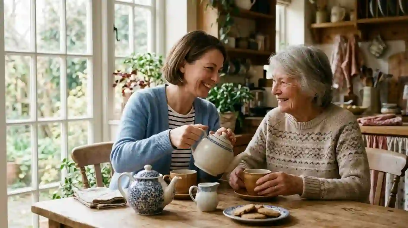 How to become a caregiver for a family member: daughter helping elderly mother with tea at home