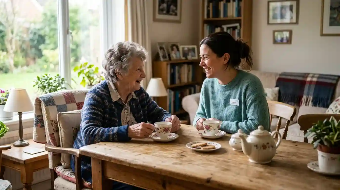 How to find a private caregiver for elderly loved ones: a caregiver and senior woman sharing tea and conversation at a home in Denver