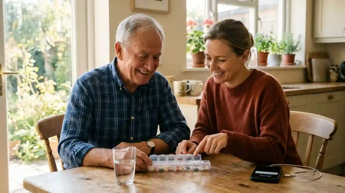 What is the best medication reminder? Senior woman with a weekly pill organizer and phone alert at a kitchen table