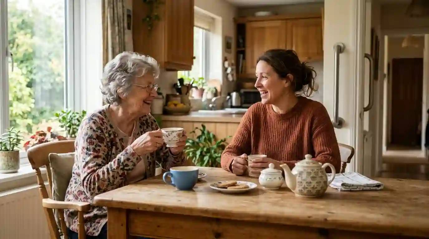 What’s the best way to help my parents age in place: an elderly mother and her adult daughter laughing over tea at a sunny kitchen table with a grab bar by the door